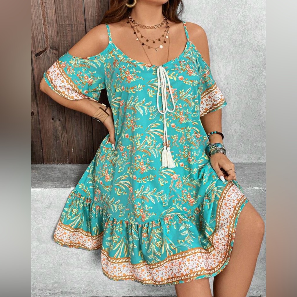 Boho Plus Size Paisleys Floral Print Cut Out Cold Shoulder Dress